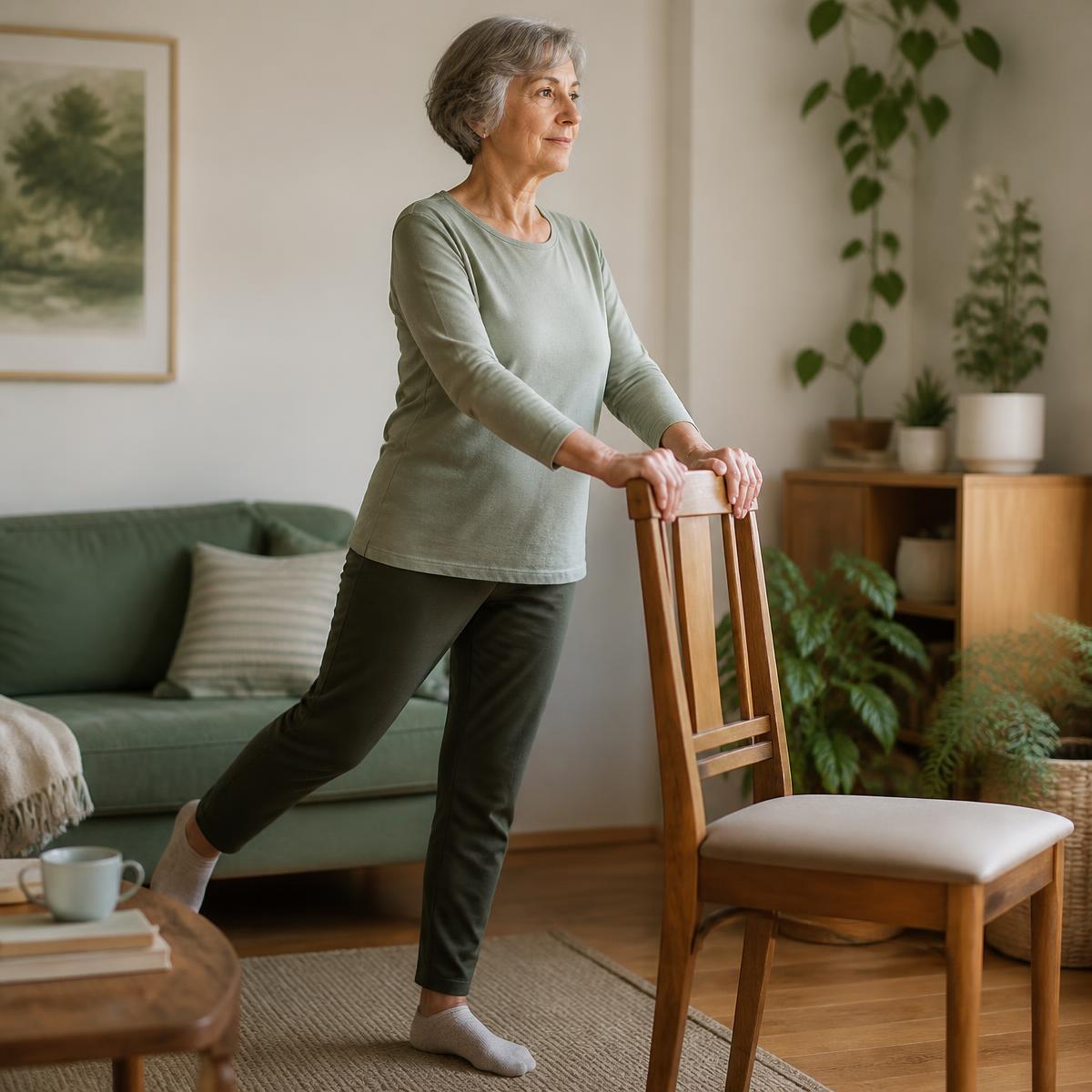 Vrouw doet thuis een balansoefening met steun van een stoel