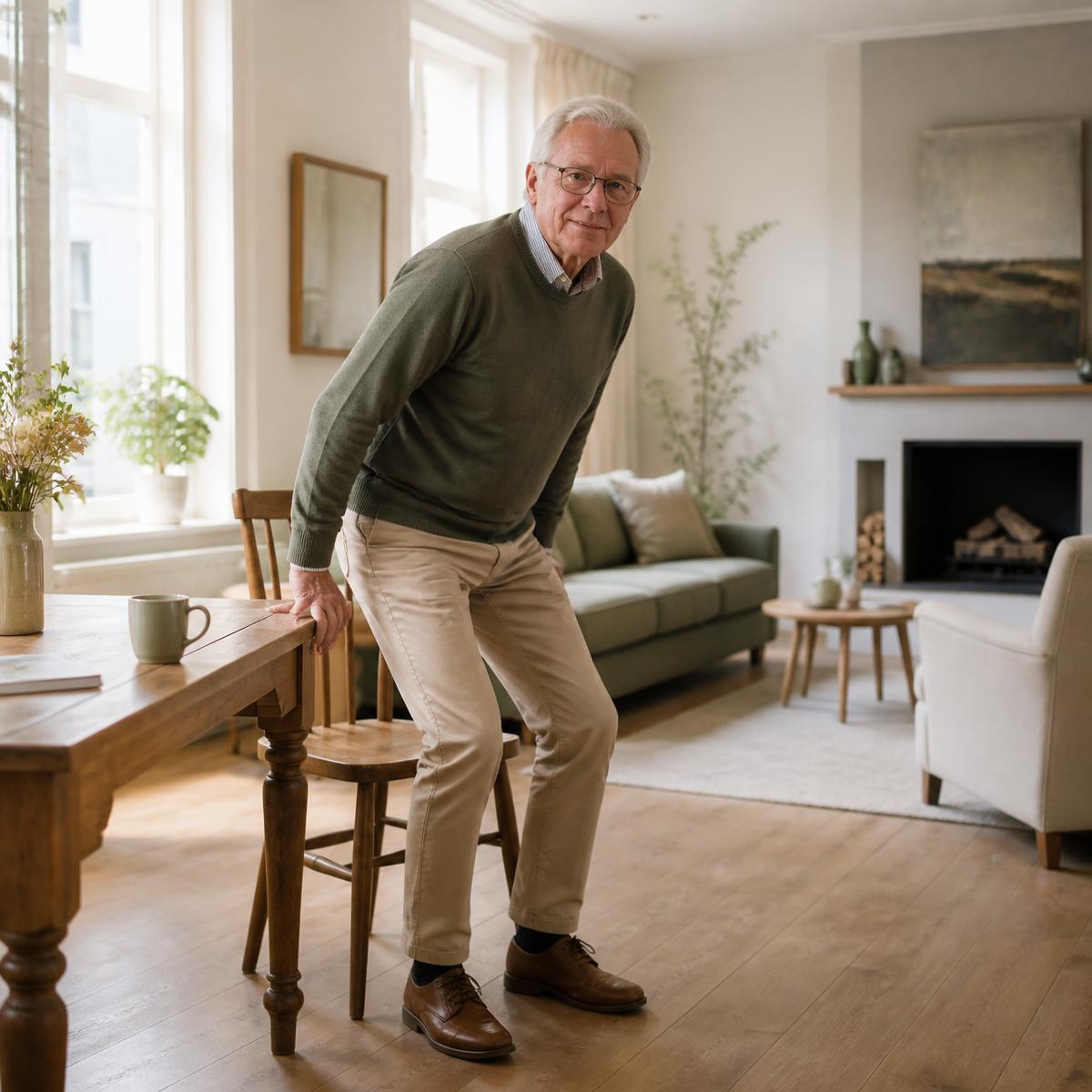 Man staat soepel op uit een stoel in zijn woonkamer